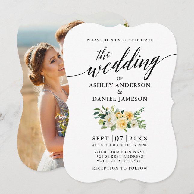 Elegant Calligraphy Yellow Floral Photo Wedding Invitation (Front/Back)