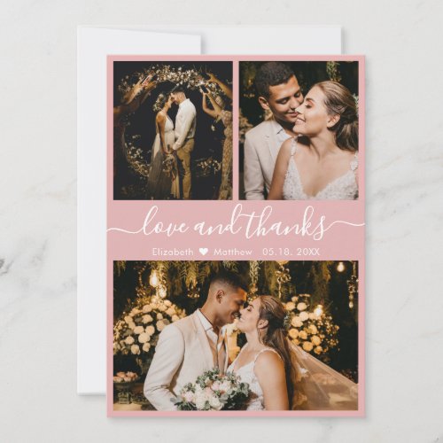 Elegant Callygraphy Pink 3 Photo Collage Wedding Thank You Card