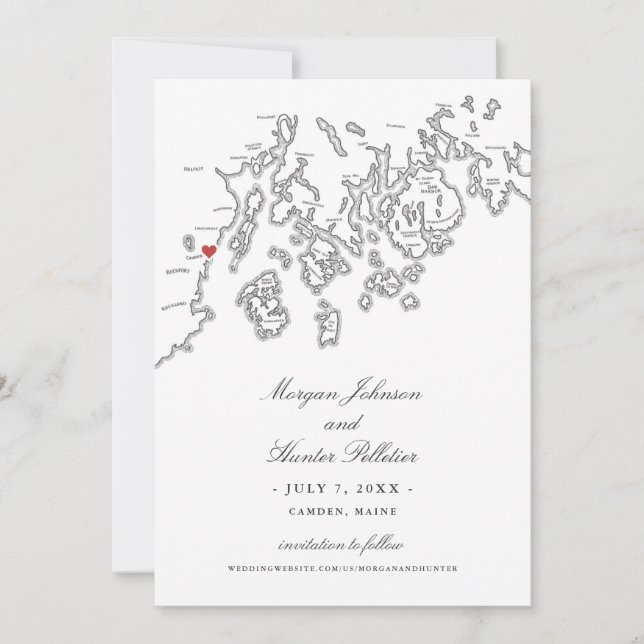 Elegant Camden Maine Map Wedding Save The Date (Front)