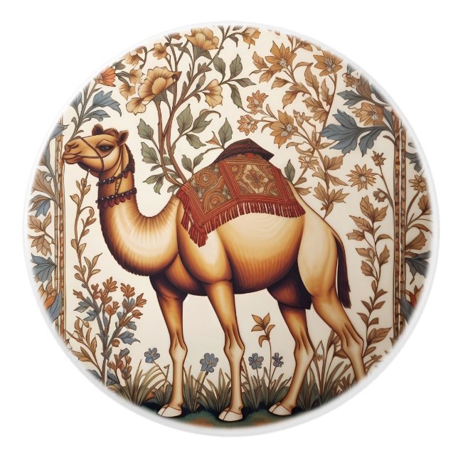 Elegant Camel William Morris Inspired Floral Ceramic Knob (Front)