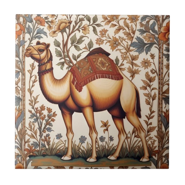 Elegant Camel William Morris Inspired Floral Ceramic Tile (Front)