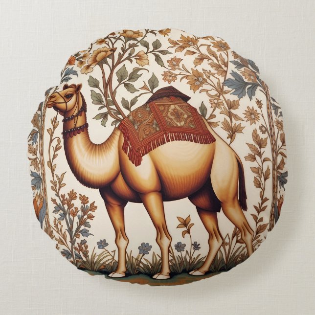 Elegant Camel William Morris Inspired Floral Round Pillow (Front)