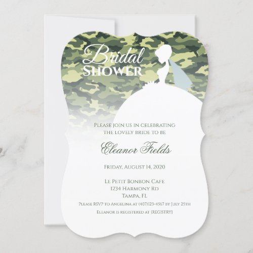 Elegant Camo Print with White Dress Bridal Shower Invitation
