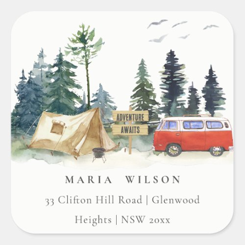 Elegant Camping Watercolor Pine Forest Address Square Sticker
