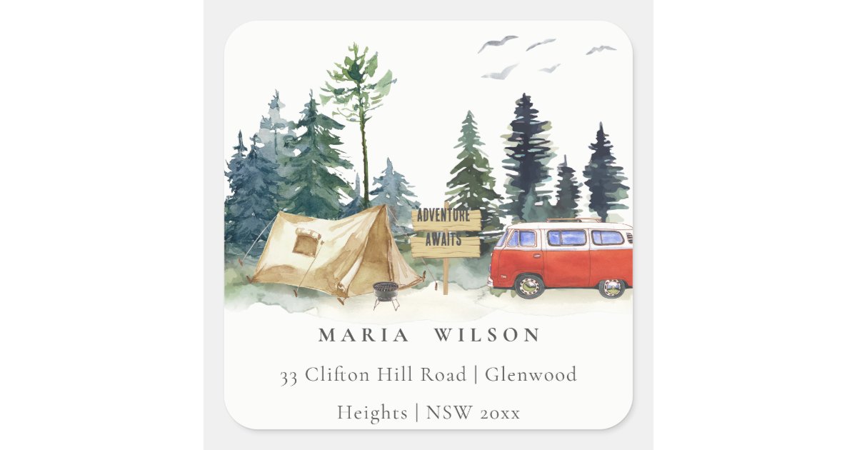 Elegant Camping Watercolor Pine Forest Address Square Sticker | Zazzle