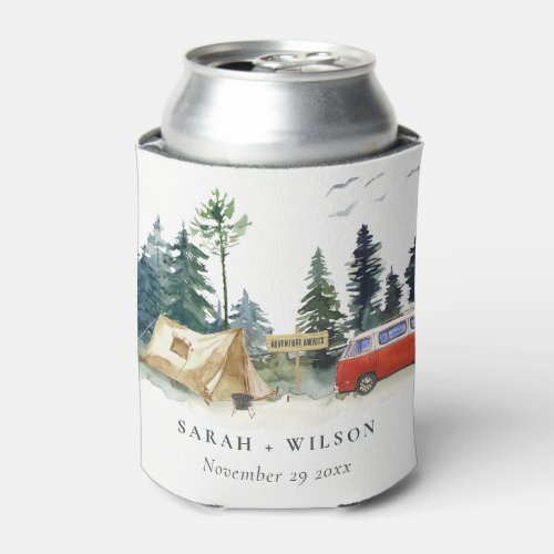 Elegant Camping Watercolor Pine Forest Wedding  Can Cooler