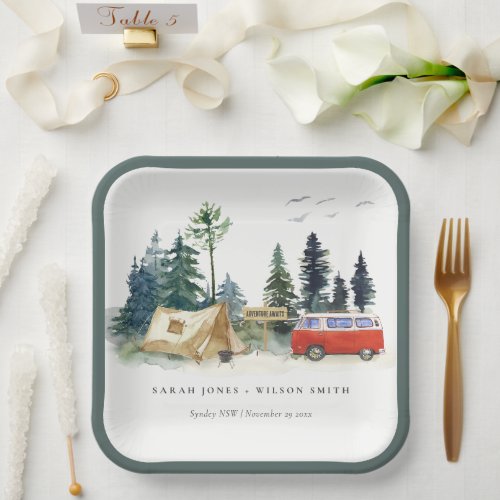 Elegant Camping Watercolor Pine Forest Wedding Paper Plates