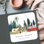 Elegant Camping Watercolor Pine Forest Wedding Square Sticker<br><div class="desc">Elegant Camping Watercolor Pine Forest Theme Collection.- it's an elegant script watercolor Illustration of forest pine trees with camper van, tent and camping sign, perfect for your camp side wedding & parties. It’s very easy to customize, with your personal details. If you need any other matching product or customization, kindly...</div>