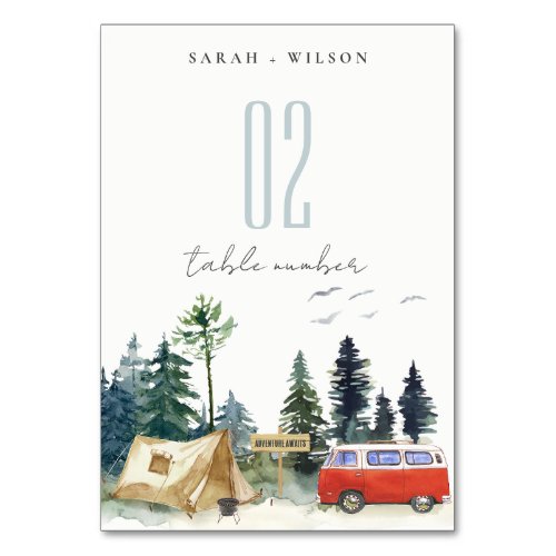Elegant Camping Watercolor Pine Forest Wedding Table Number