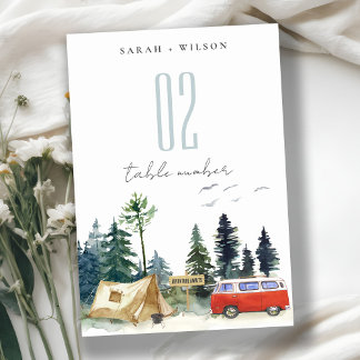 Elegant Camping Watercolor Pine Forest Wedding Table Number