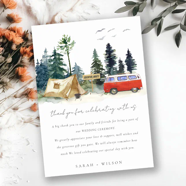 Elegant Camping Watercolor Pine Forest Wedding Thank You Card | Zazzle