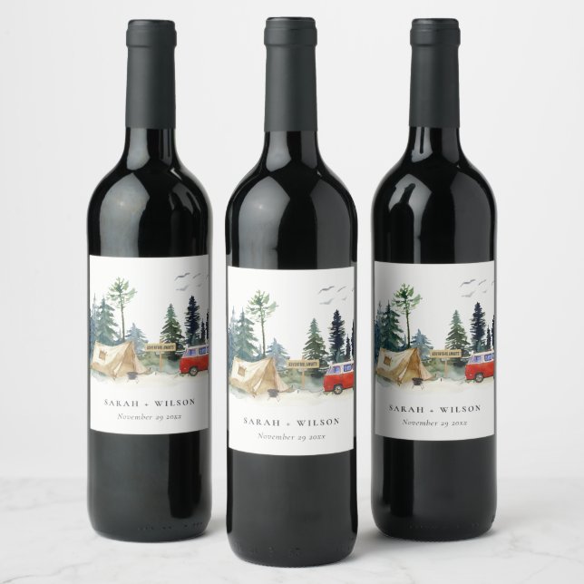Elegant Camping Watercolor Pine Forest Wedding Wine Label (Bottles)