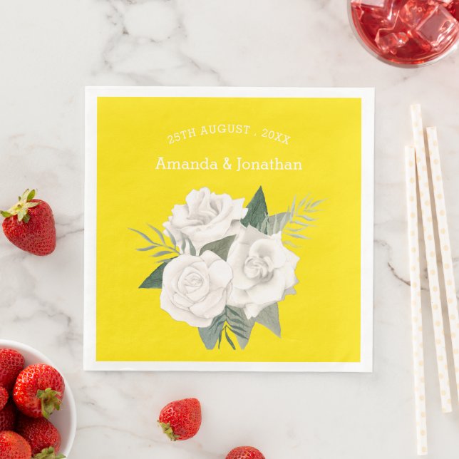 Elegant Canary Yellow and White Roses Wedding Paper Dinner Napkins (Insitu)