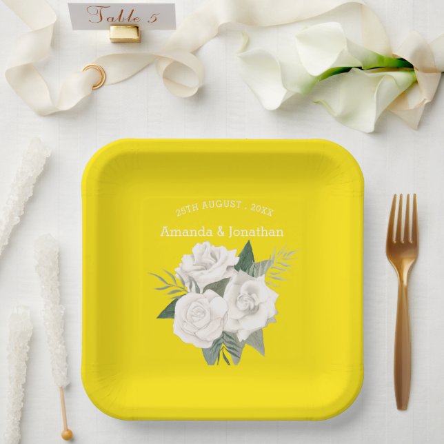 Elegant Canary Yellow and White Roses Wedding  Paper Plates (Wedding)