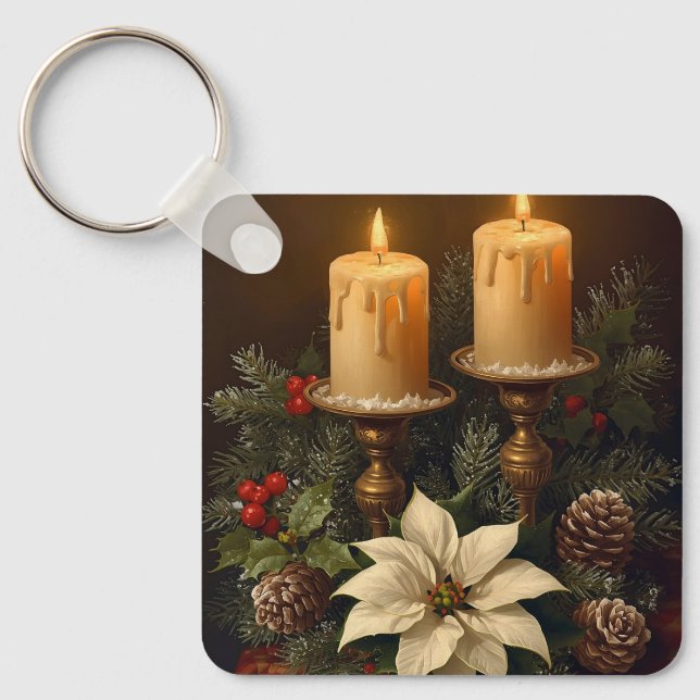 Elegant candle Christmas holly pine warm festive  Keychain (Front)