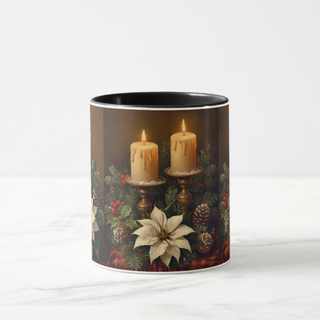 Elegant candle Christmas holly pine warm festive  Mug (Center)