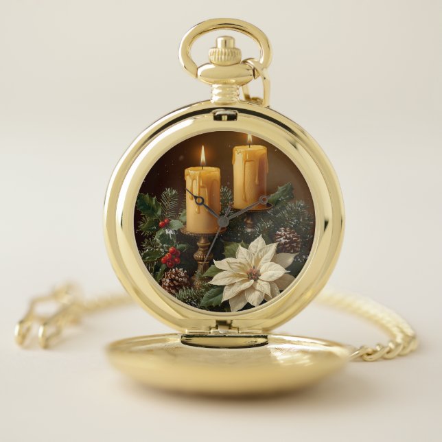 Elegant candle Christmas holly pine warm festive  Pocket Watch (Inside)