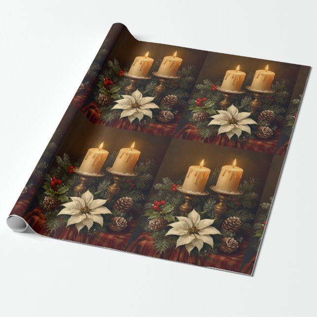 Elegant candle Christmas holly pine warm festive  Wrapping Paper (Unrolled)