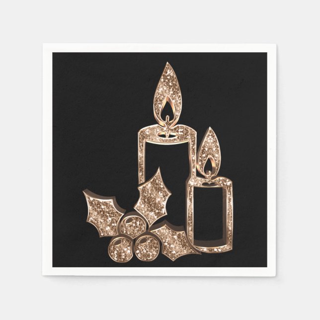 Elegant Candle Holly Faux Gold Diamonds Christmas Napkins (Front)