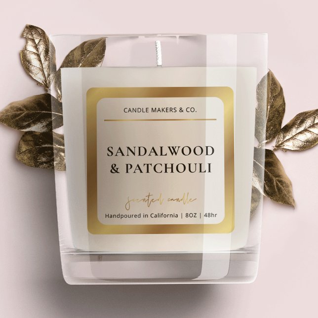 Elegant Candle Square Label Faux Gold Script Clear (Elegant faux gold translucent product stickers printed on clear vinyl - great for candle jars)