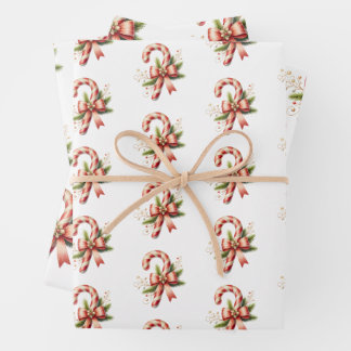 Elegant Candy Cane with Red Bow Set of 3 Christmas Wrapping Paper Sheets