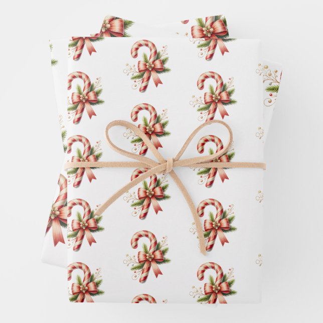 Elegant Candy Cane with Red Bow Set of 3 Christmas Wrapping Paper Sheets (In situ)
