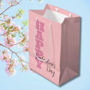 Elegant Candy Pink and Black Happy Valentines Day Medium Gift Bag