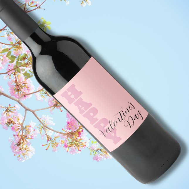 Elegant Candy Pink and Black Happy Valentines Day Wine Label (Creator Uploaded)