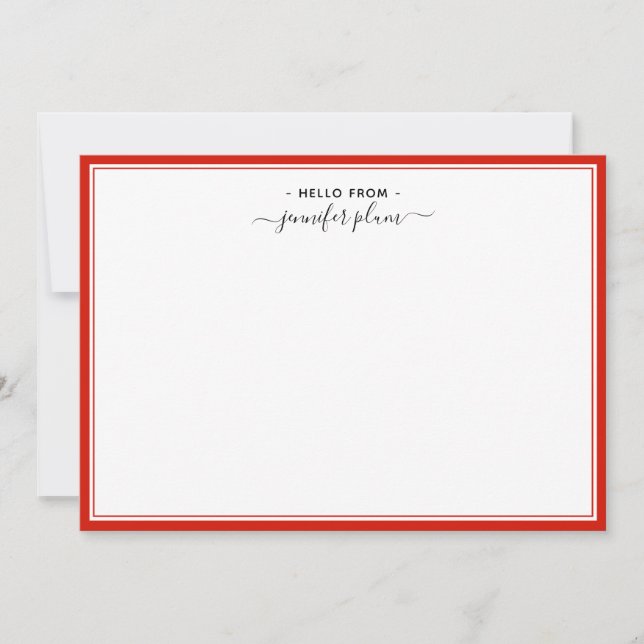 Elegant Candy Red Script 'Hello From'   Note Card (Front)
