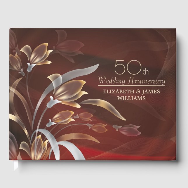 Elegant Caoba | Gold Floral 50th Anniversary  Guest Book (Front)