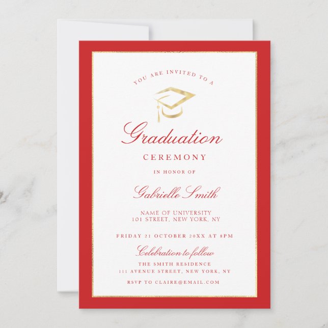 Elegant cap red graduation ceremony invitation (Front)