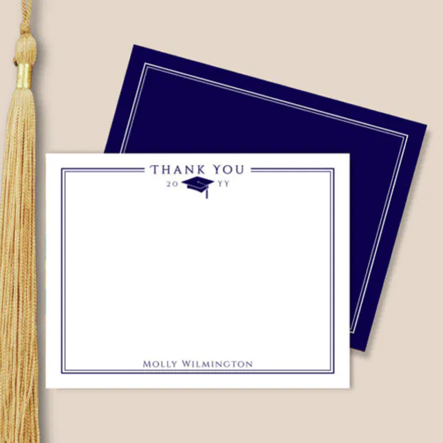 Elegant Cap & Tassel Navy Blue & White Graduation Thank You Card | Zazzle