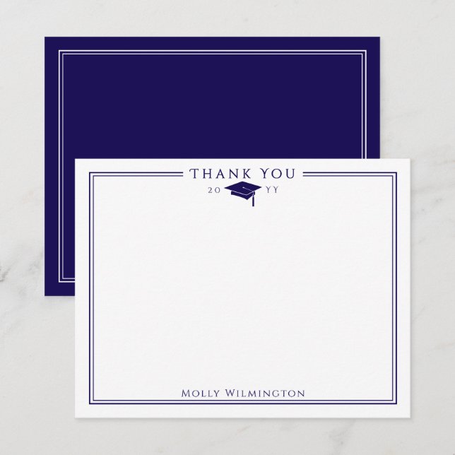 Elegant Cap & Tassel Navy Blue & White Graduation Thank You Card (Front/Back)