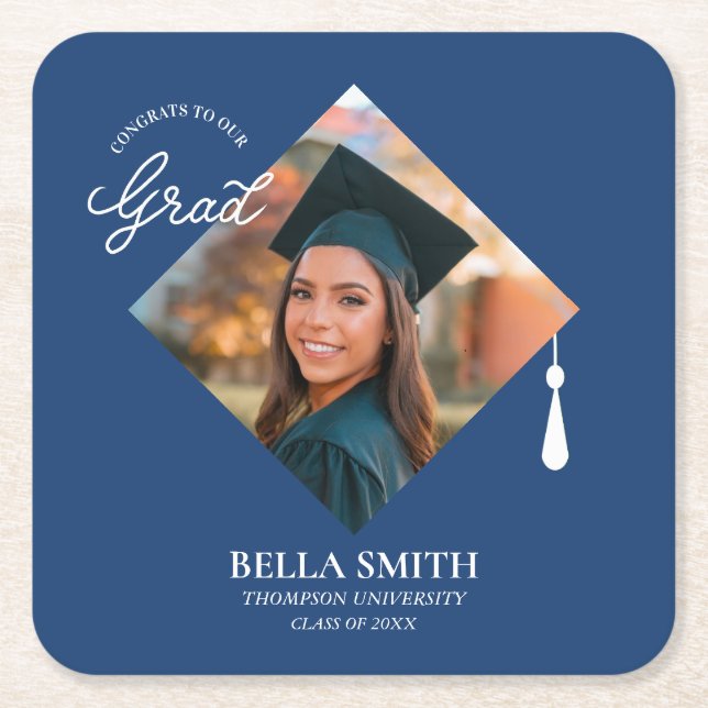 Elegant Cap Topper Custom Graduate Photo Keepsake  Square Paper Coaster (Front)