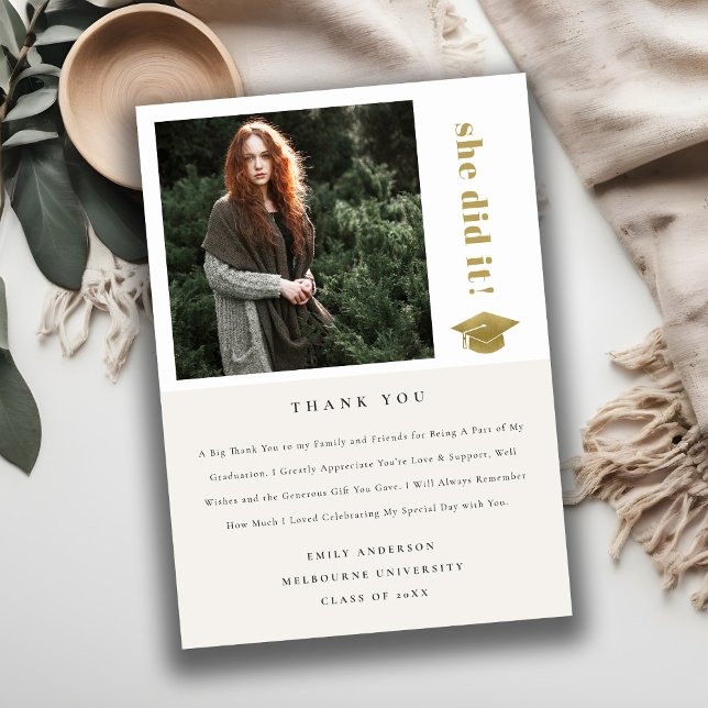 Elegant Cap Typography Graduation Cap Photo Thank You Card (Creator Uploaded)