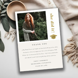 Elegant Cap Typography Graduation Cap Photo Thank You Card