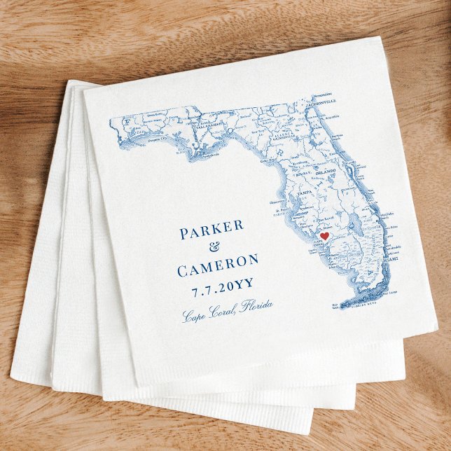 Elegant Cape Coral Florida Map Wedding  Napkins (Elegant Cape Coral Florida Wedding Napkins with navy blue map design from Coastal Map Designs)