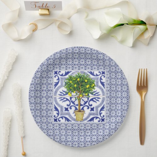 Elegant Capri Round Lemon Tile Wedding Paper Plate