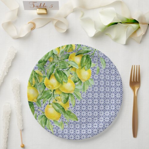 Elegant Capri Round Lemon Tile Wedding Paper Plate