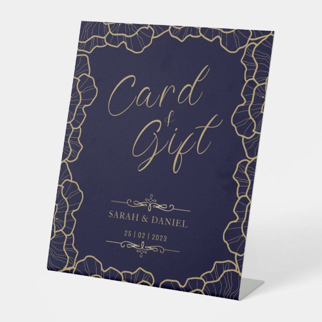 Elegant Card & Gift Navy Blue Gold Flower Wedding Pedestal Sign (Front)