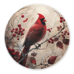 Elegant Cardinal and Berries Wildlife Painting Ceramic Knob