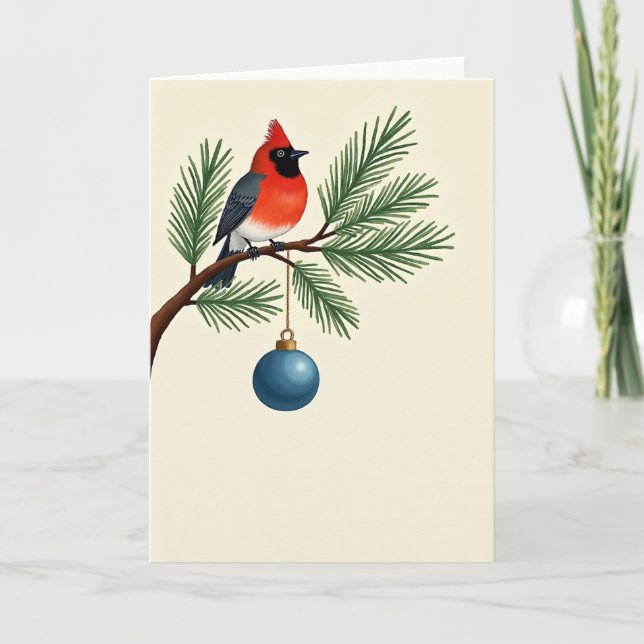 Elegant Cardinal Bird Christmas Card Pine Branch (Front)