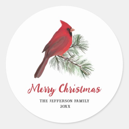 Elegant Cardinal Bird on Christmas Pine Monogram Classic Round Sticker