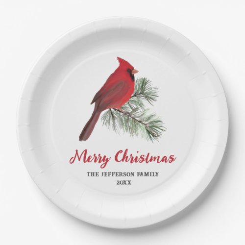 Elegant Cardinal Bird on Christmas Pine Monogram Paper Plates