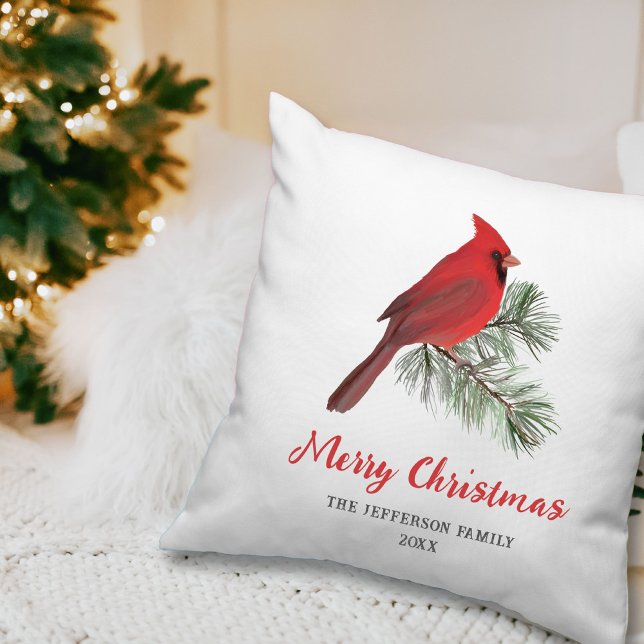 Elegant Cardinal Bird on Christmas Pine Monogram Throw Pillow (Creator Uploaded)