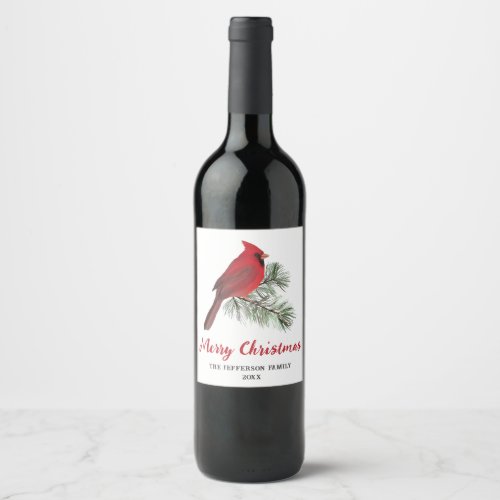 Elegant Cardinal Bird on Christmas Pine Monogram Wine Label