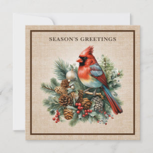 Elegant Cardinal Pinecones Woodland Burlap Luxury Holiday Card