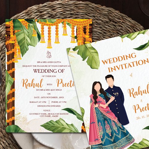 Elegant Caricature Couple Ganesh Indian Wedding Invitation