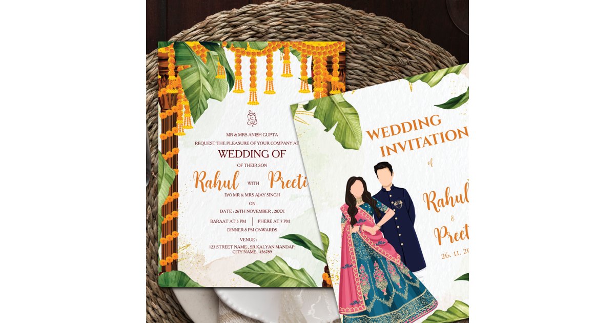 Elegant Caricature Couple Ganesh Indian Wedding Invitation | Zazzle