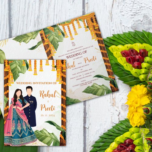 Elegant Caricature Couple Marigold Indian Wedding Invitation